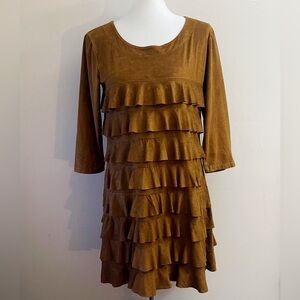Isle by Meliz Kozan Faux Suede Chic Tiered Long Sleeve Dress  Brown Boho Fall